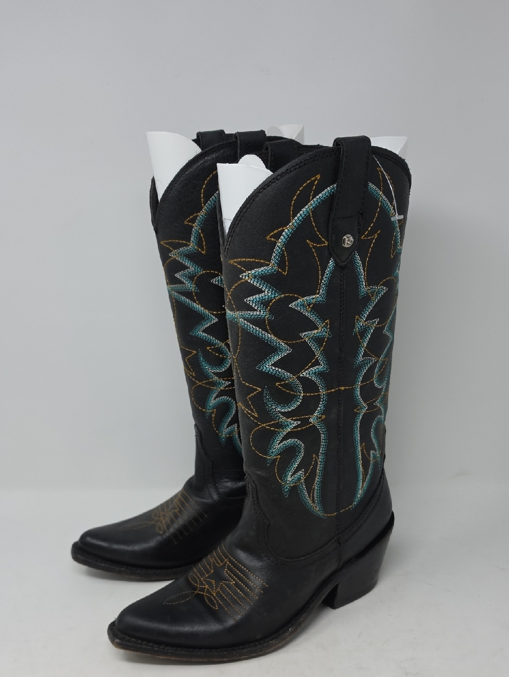 LIBERTY Black Western Heeled Cowboy Boots with Teal & Gold Stitching Size 7